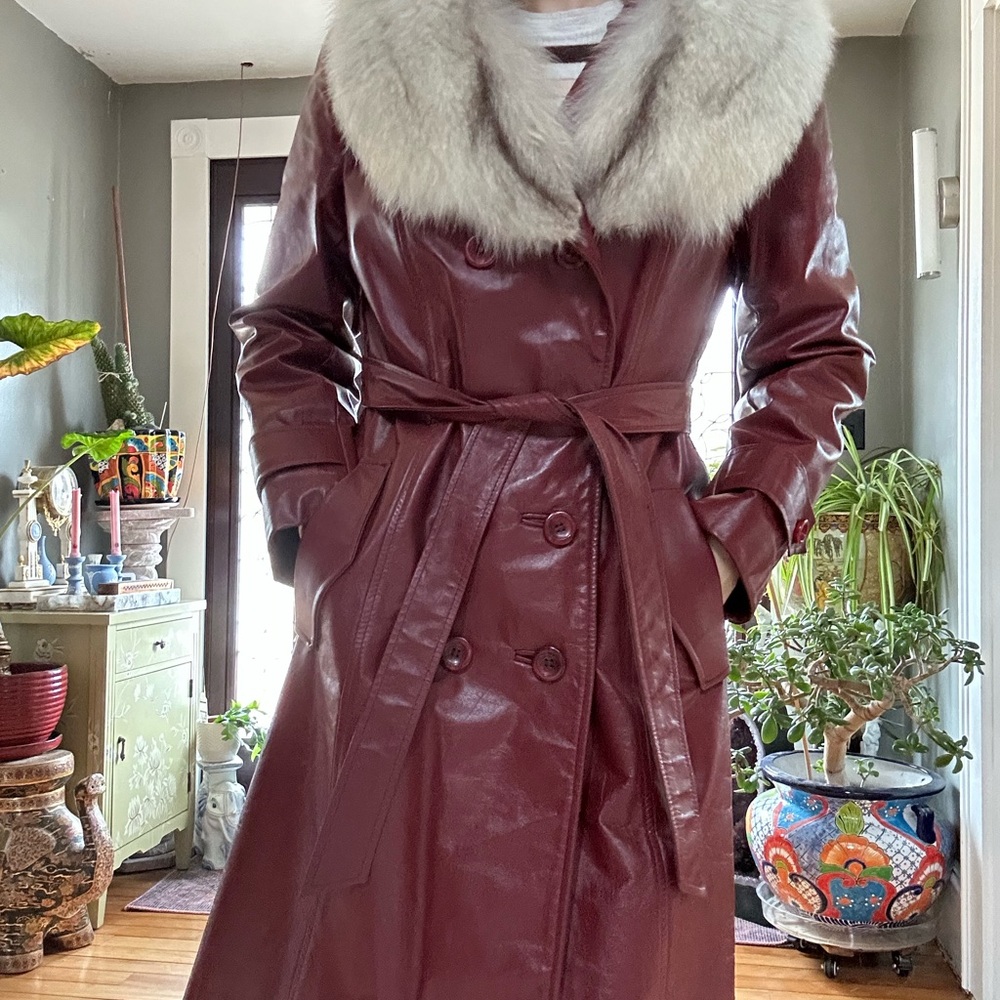 Women's Red Leather Coat with Fox Fur Collar